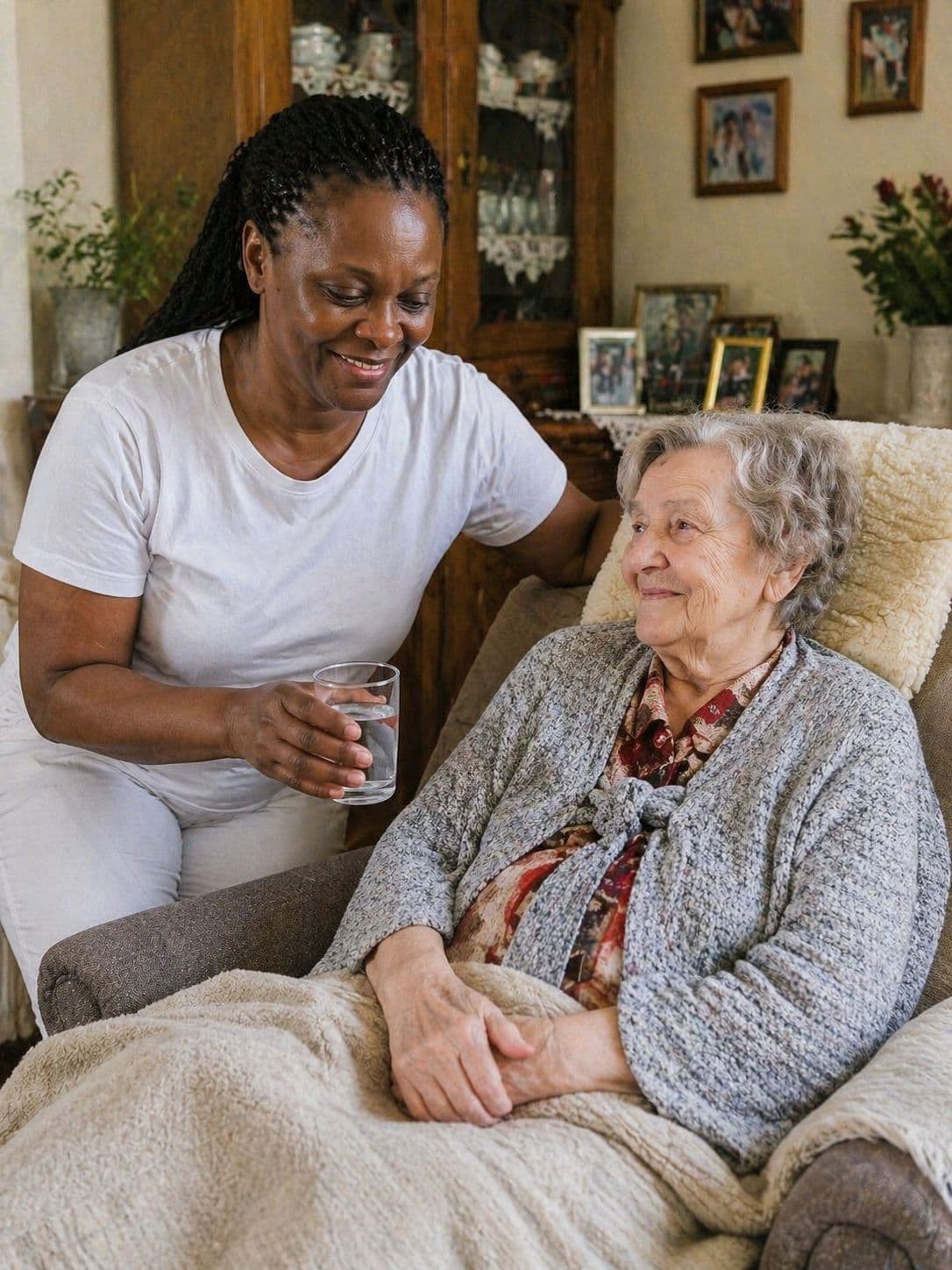 Pflegekraft im liebevollen Gespräch mit Seniorin